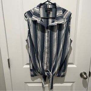 Rain Blue, Gray & White Striped Patchwork Sleeveless Shirt W/ Tie in the Front